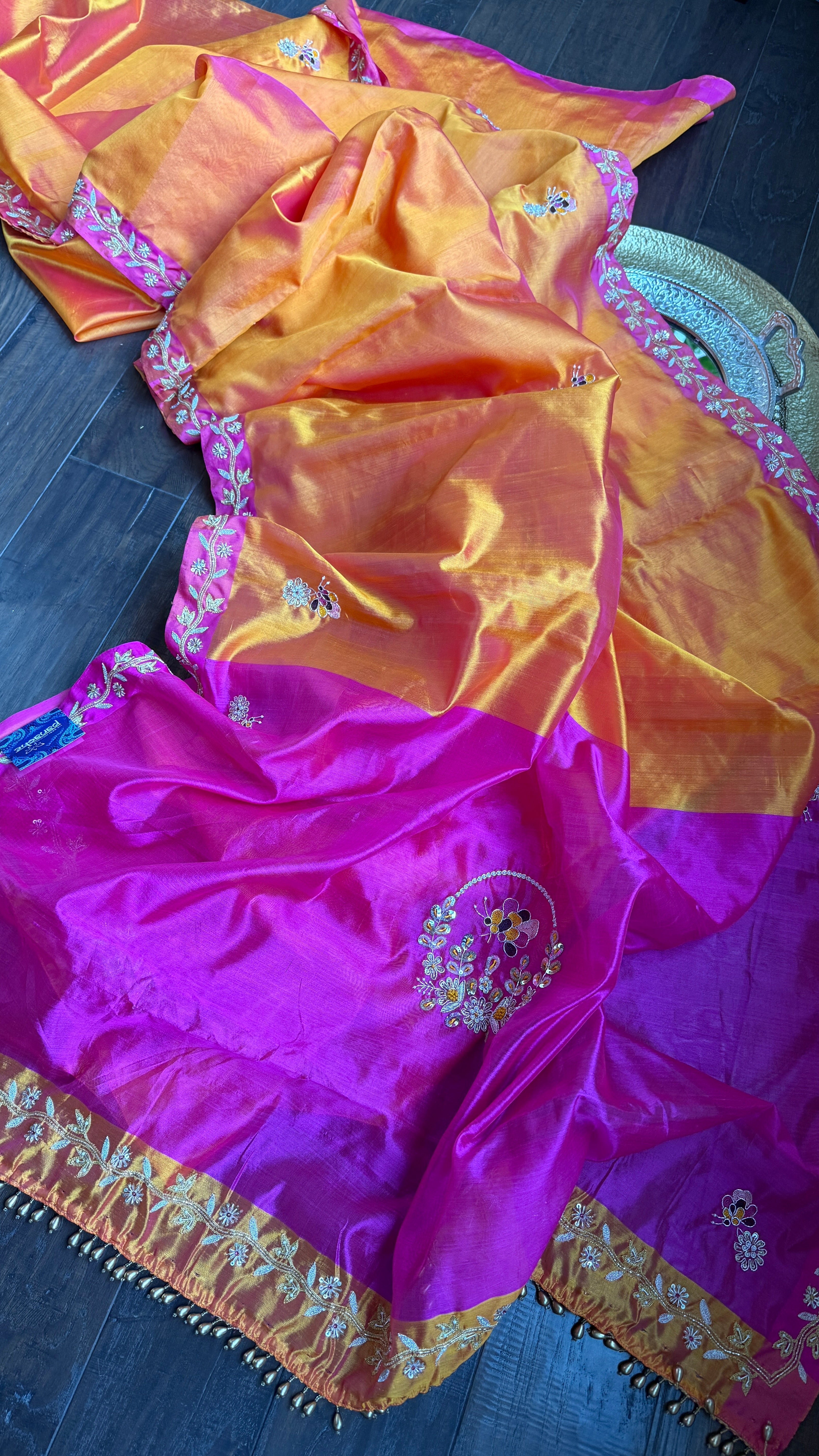 Hand Zardozi Pure Chanderi Pattu Silk - Orange Pink Woven