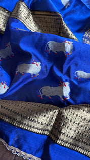 Pure Chanderi Pattu Silk - Blue Nandi Eknaliya