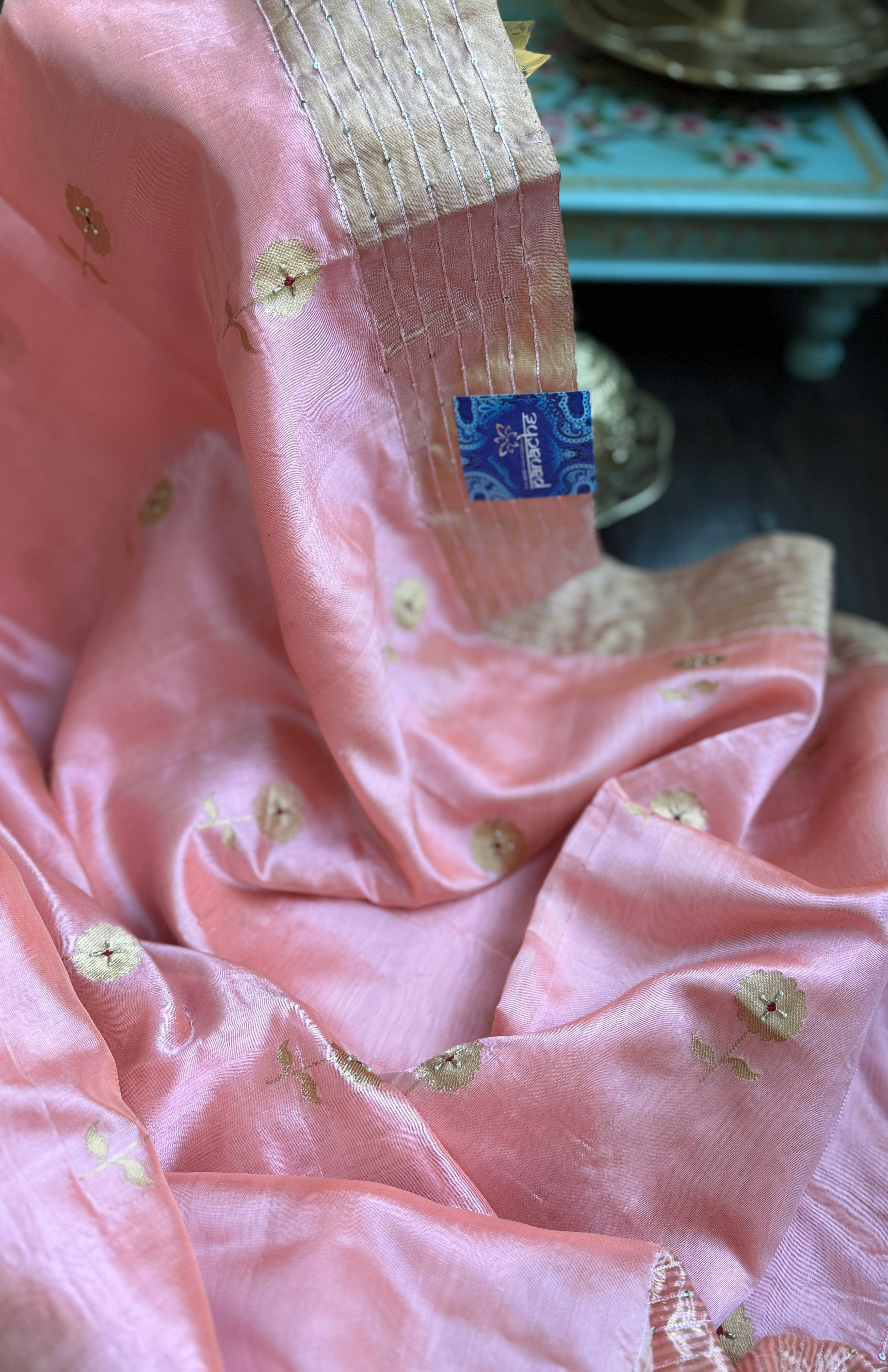 Hand Zardozi Pure Chanderi Pattu Silk - Blush Pink Eknaliya Woven
