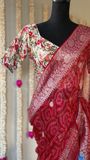 Khaddi Chiffon Banarasi - Red Bandhej Printed