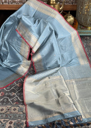 Katan Silk Banarasi - Soft Blue Grey Red Kadhua