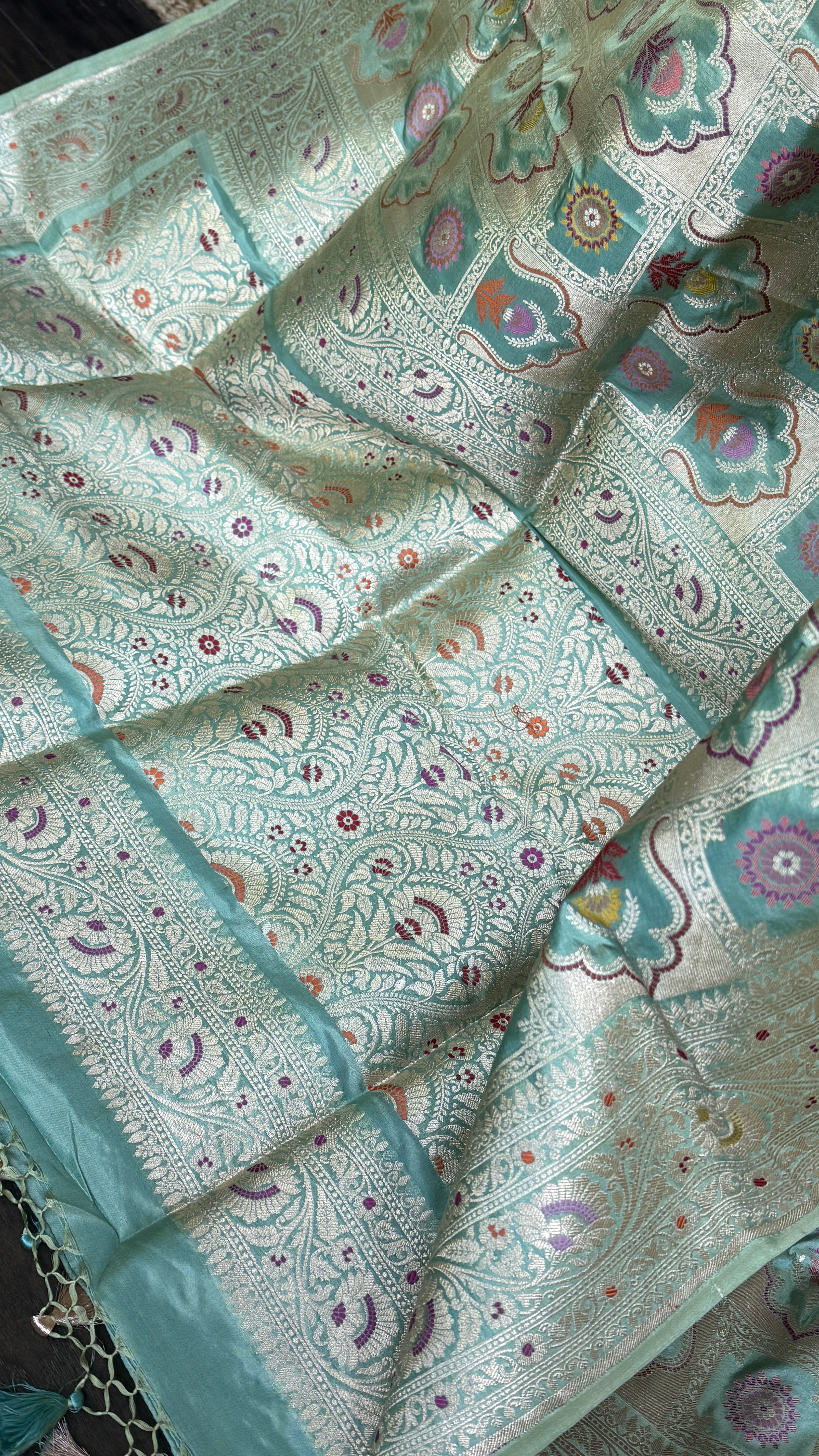 Pure Katan Silk Banarasi - Aqua Blue Multi Meenakari