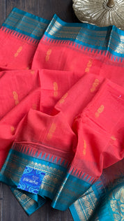 Cotton Gadwal - Coral Pink Orange Firozi