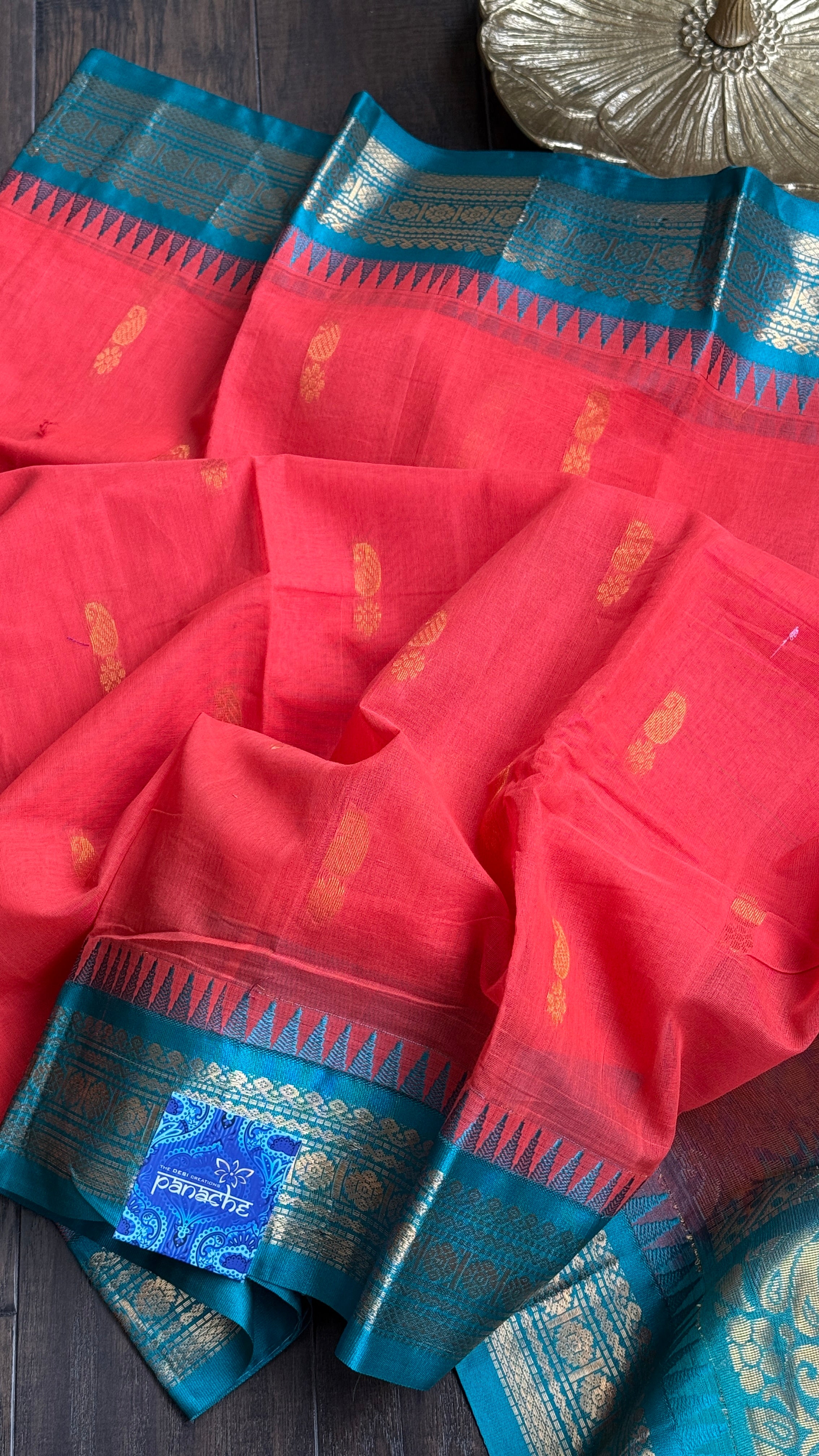 Cotton Gadwal - Coral Pink Orange Firozi