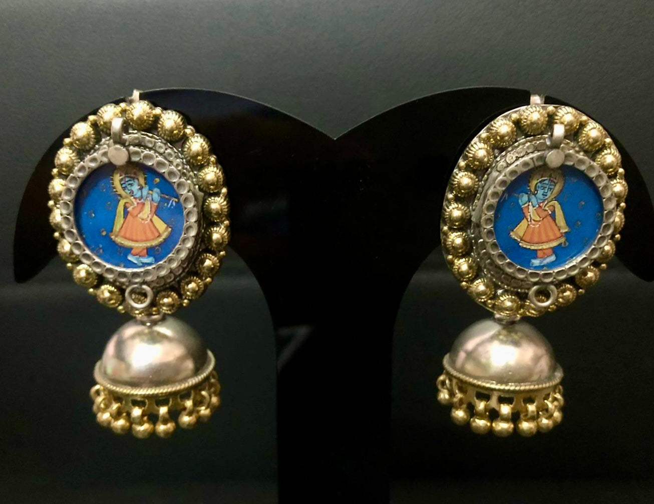 Earring 925 Silver- Krishna-Gopala Hand-painted Jhumka