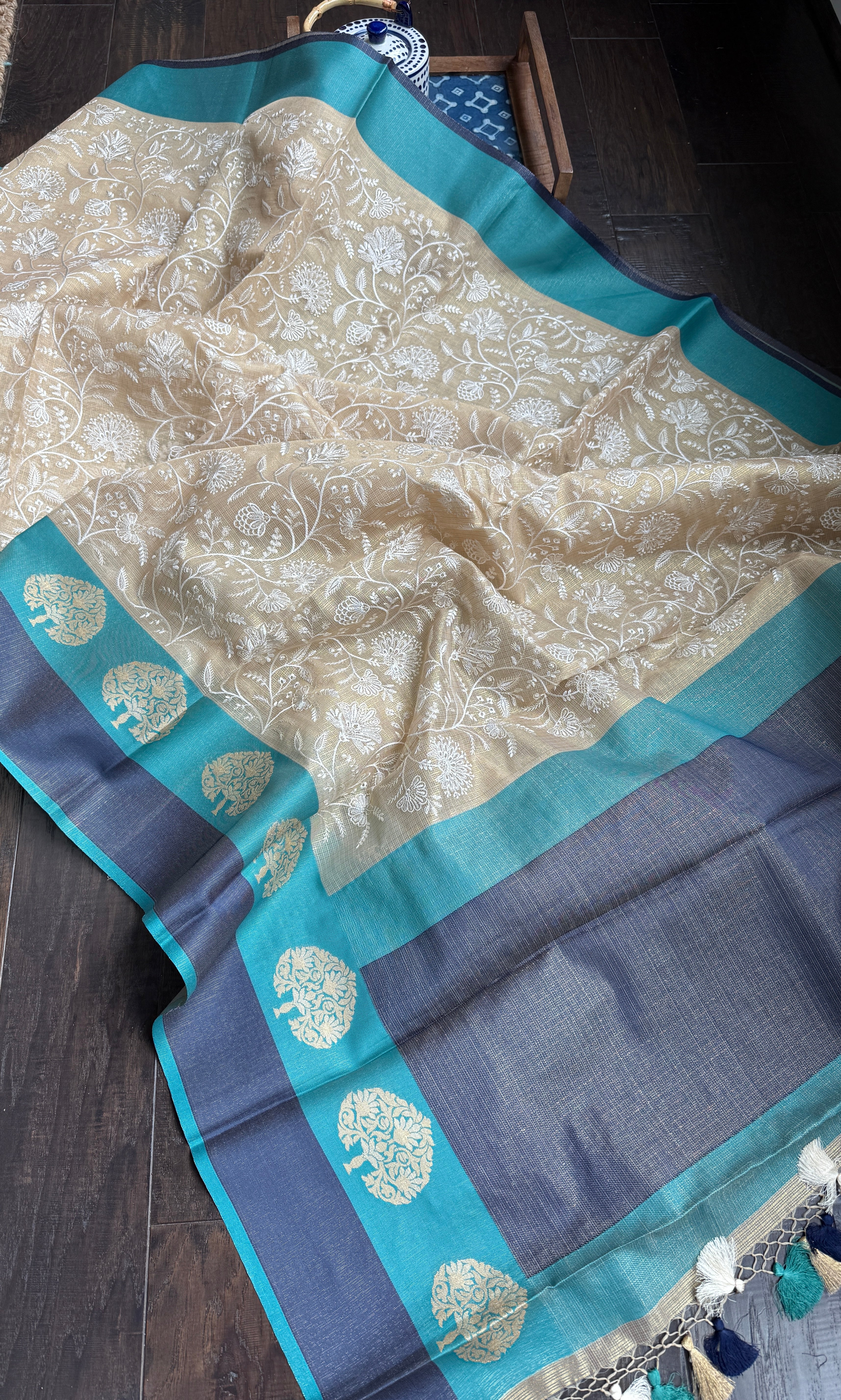 Tissue Kota Silk Embroidered - Golden Beige FIrozi
