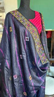 Pure Tussar Silk Gujrati Stitch -  Black Shibori Hand Embroidered