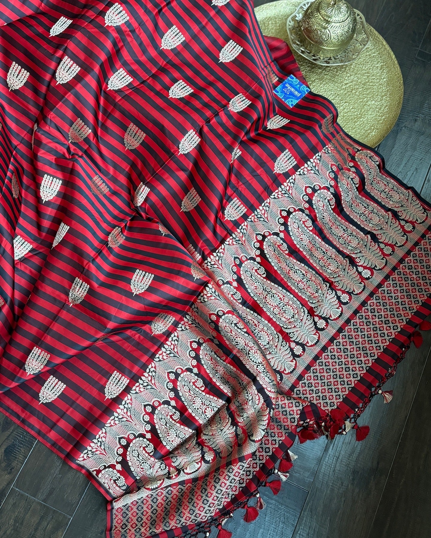 Pure Silk Mashru Banarasi- Red Black striped