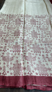 Pure Gachi Tussar Silk - Beige Maroon Hand-Block Printed