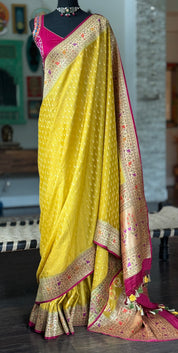 Khaddi Georgette Banarasi - Ochre Yellow Mahendi Paithani