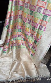 Pure Silk Rangkat Banarasi - Light Cream Beige Brown Multi shaded