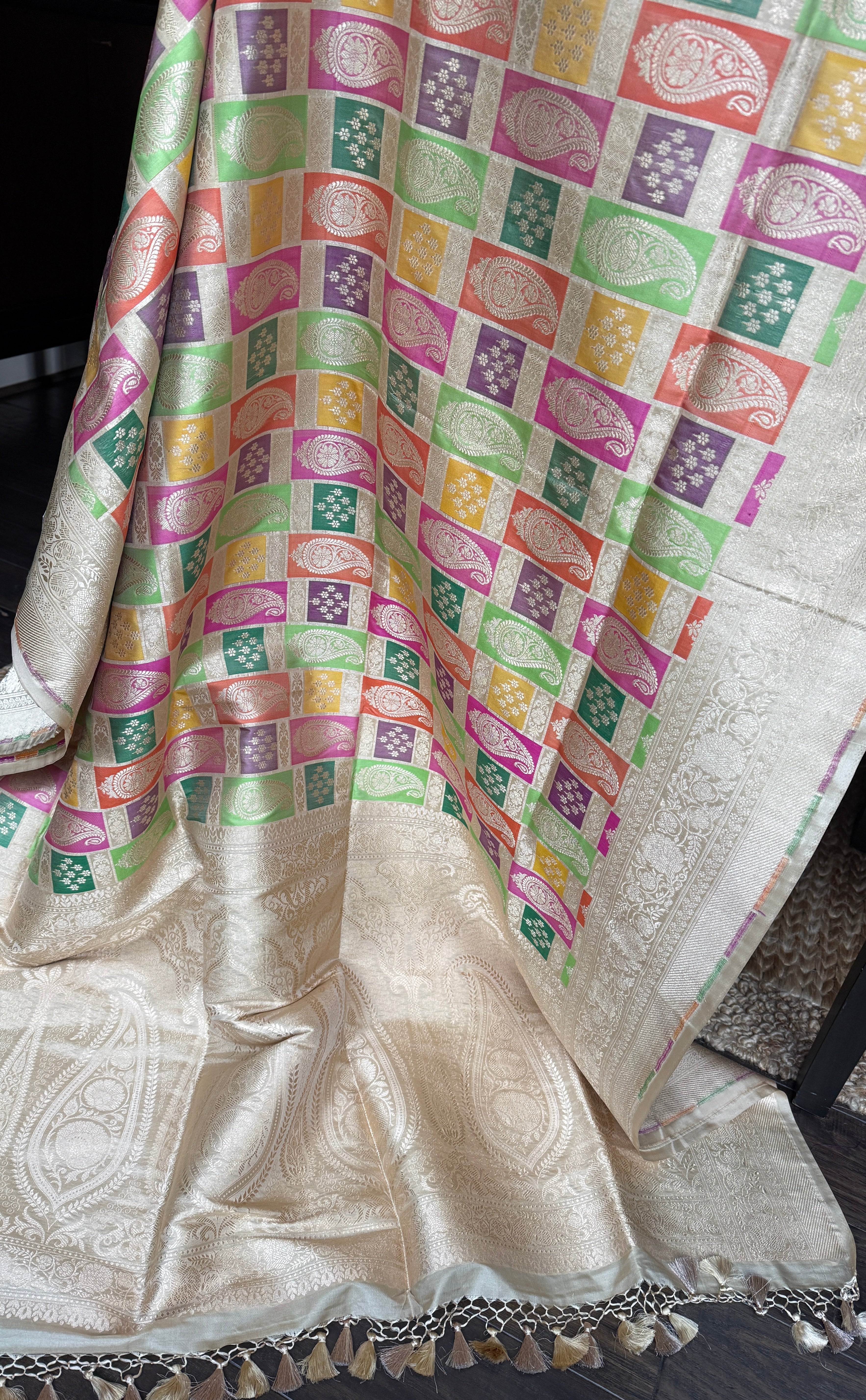 Pure Silk Rangkat Banarasi - Light Cream Beige Brown Multi shaded
