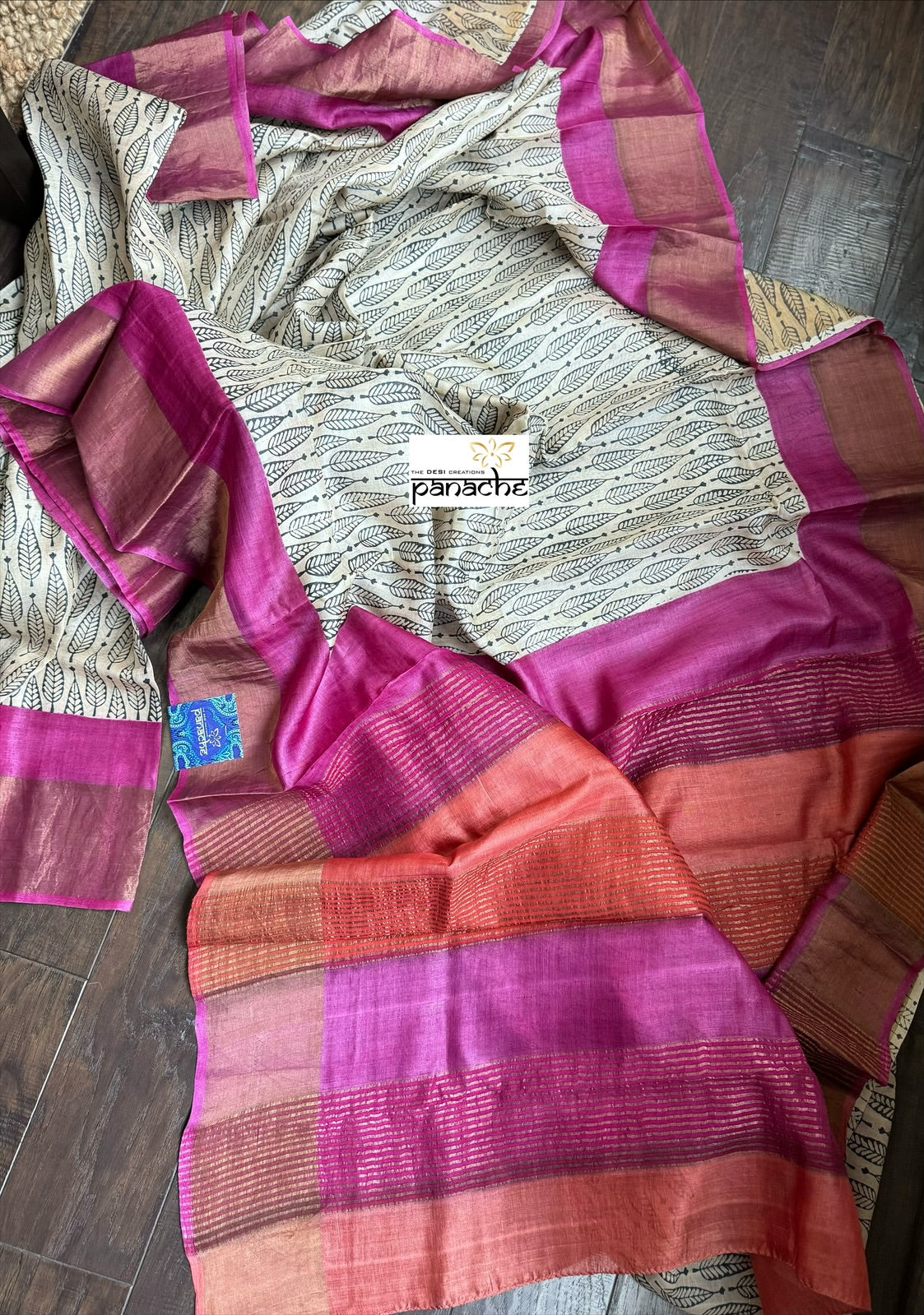 Pure Tussar Silk - Beige Black Pink Hand-Block Printed