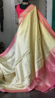 Pure Katan Silk Brocade Banarasi - Light Butter Cream Golden Zari woven