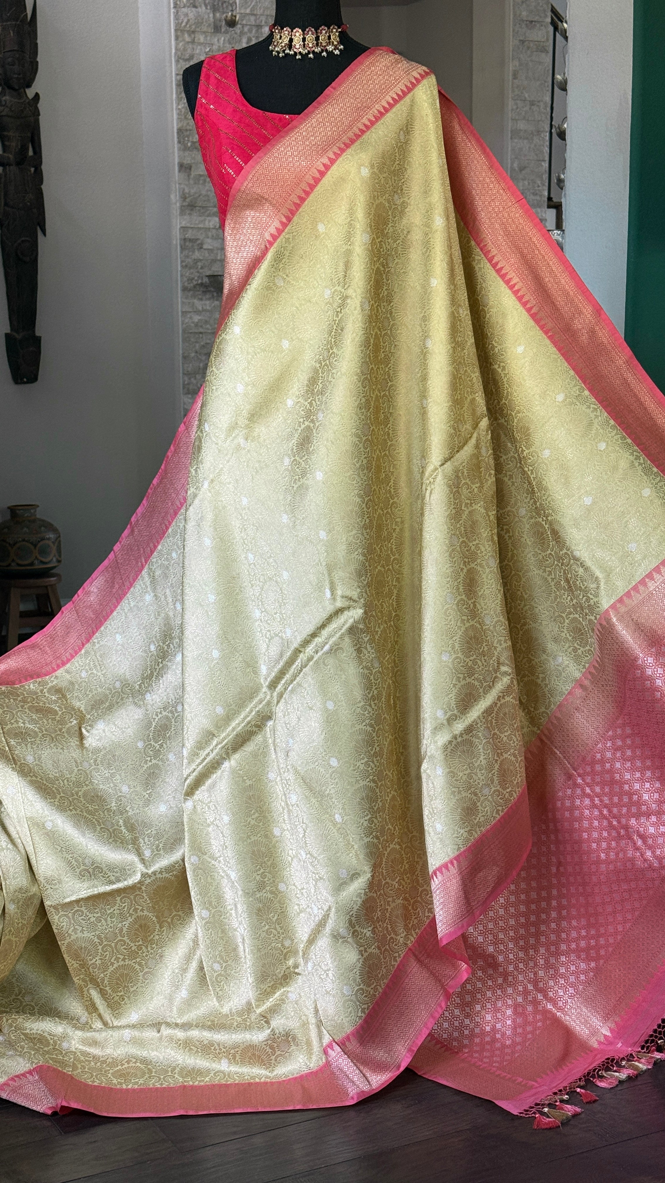 Pure Katan Silk Brocade Banarasi - Light Butter Cream Golden Zari woven