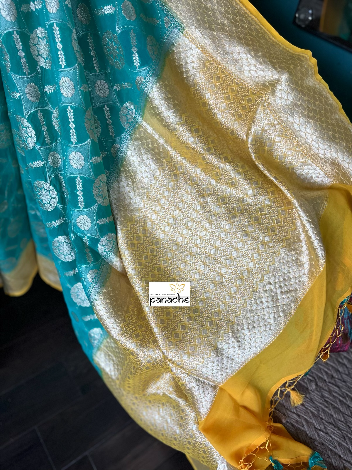 Khaddi Georgette Banarasi - Sea Green Yellow