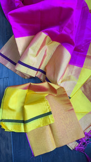 Pure Chanderi Pattu Silk - Hot Pink Yellow