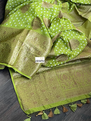 Silk Cotton Bandhani Banaras Chanderi - Green Gold Zari