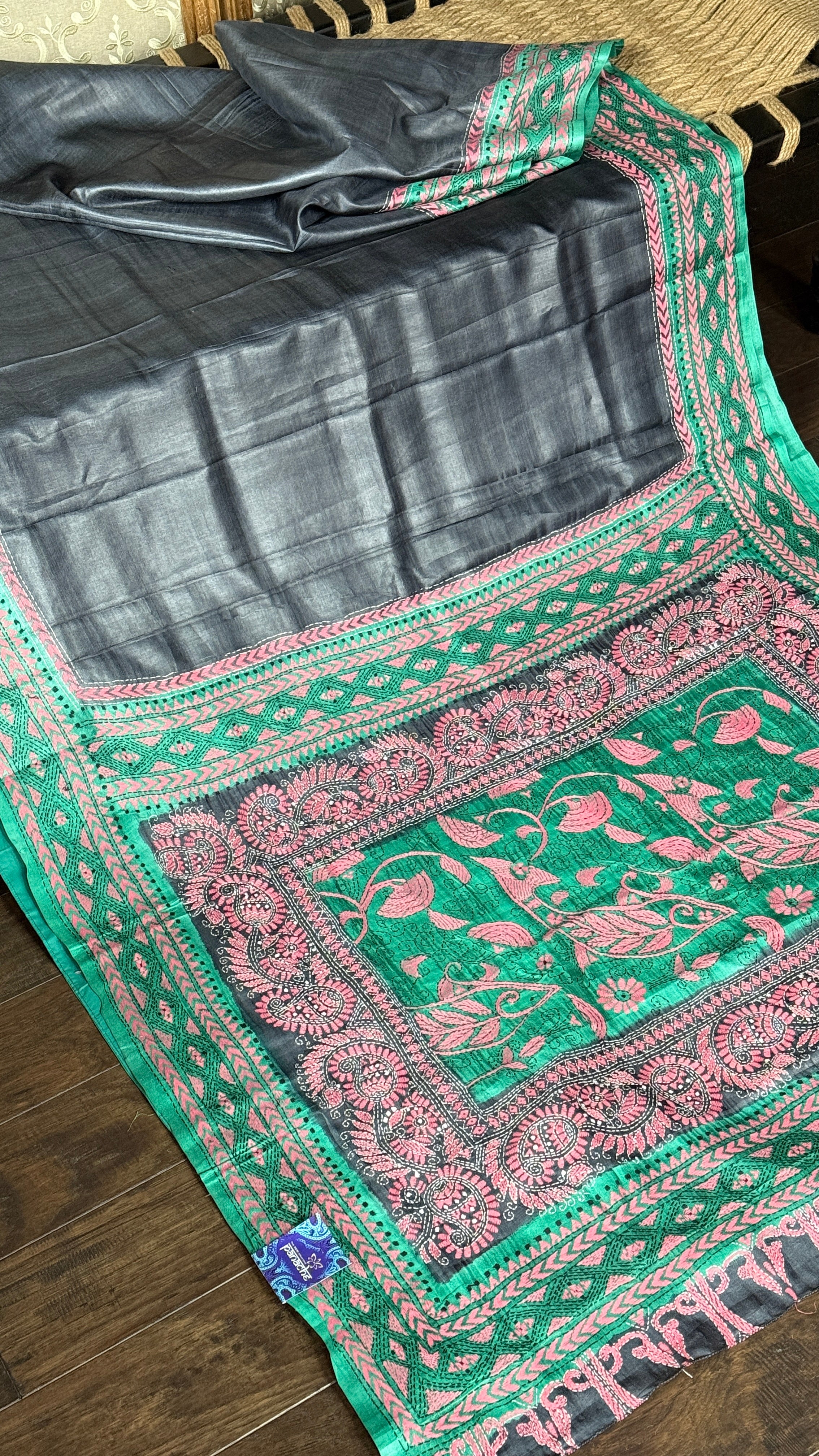 Pure Tussar Silk Kantha Stitch -  Grey Green