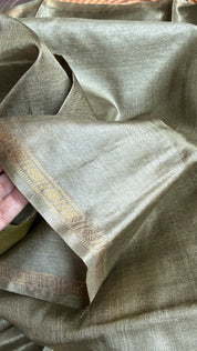 Handwoven Tussar Silk - Light Henna Green Golden Zari