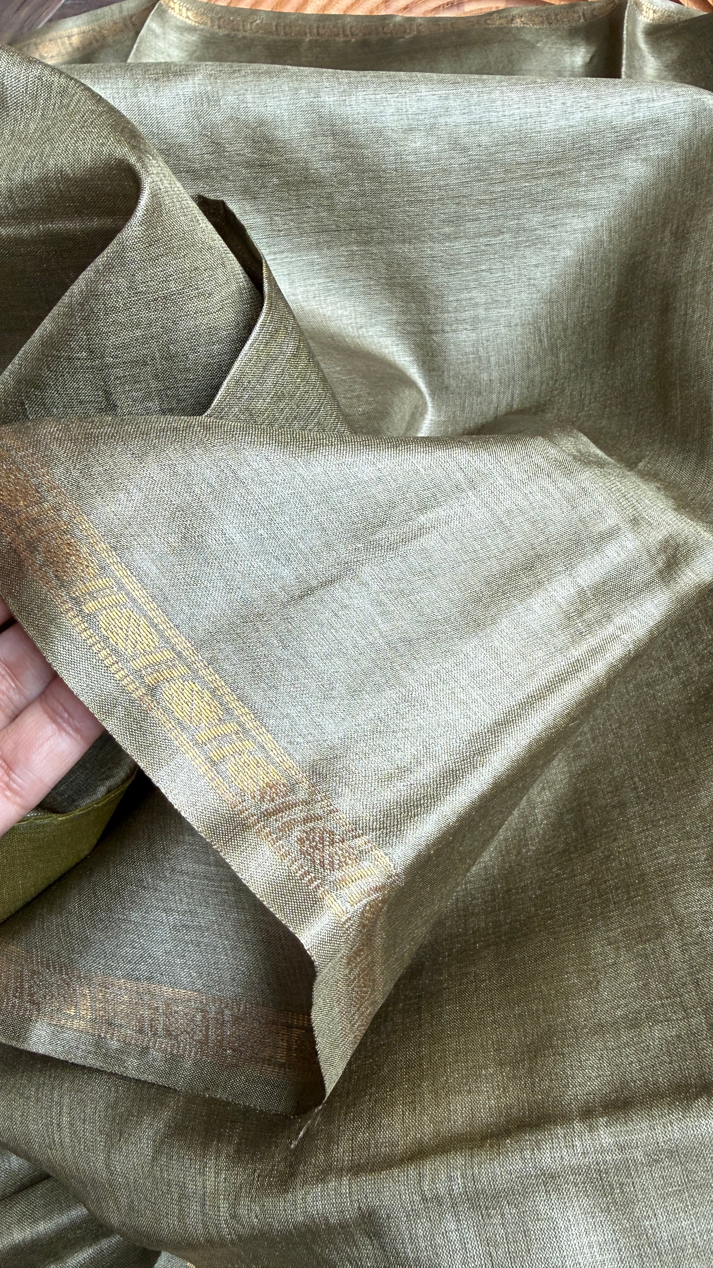 Handwoven Tussar Silk - Light Henna Green Golden Zari