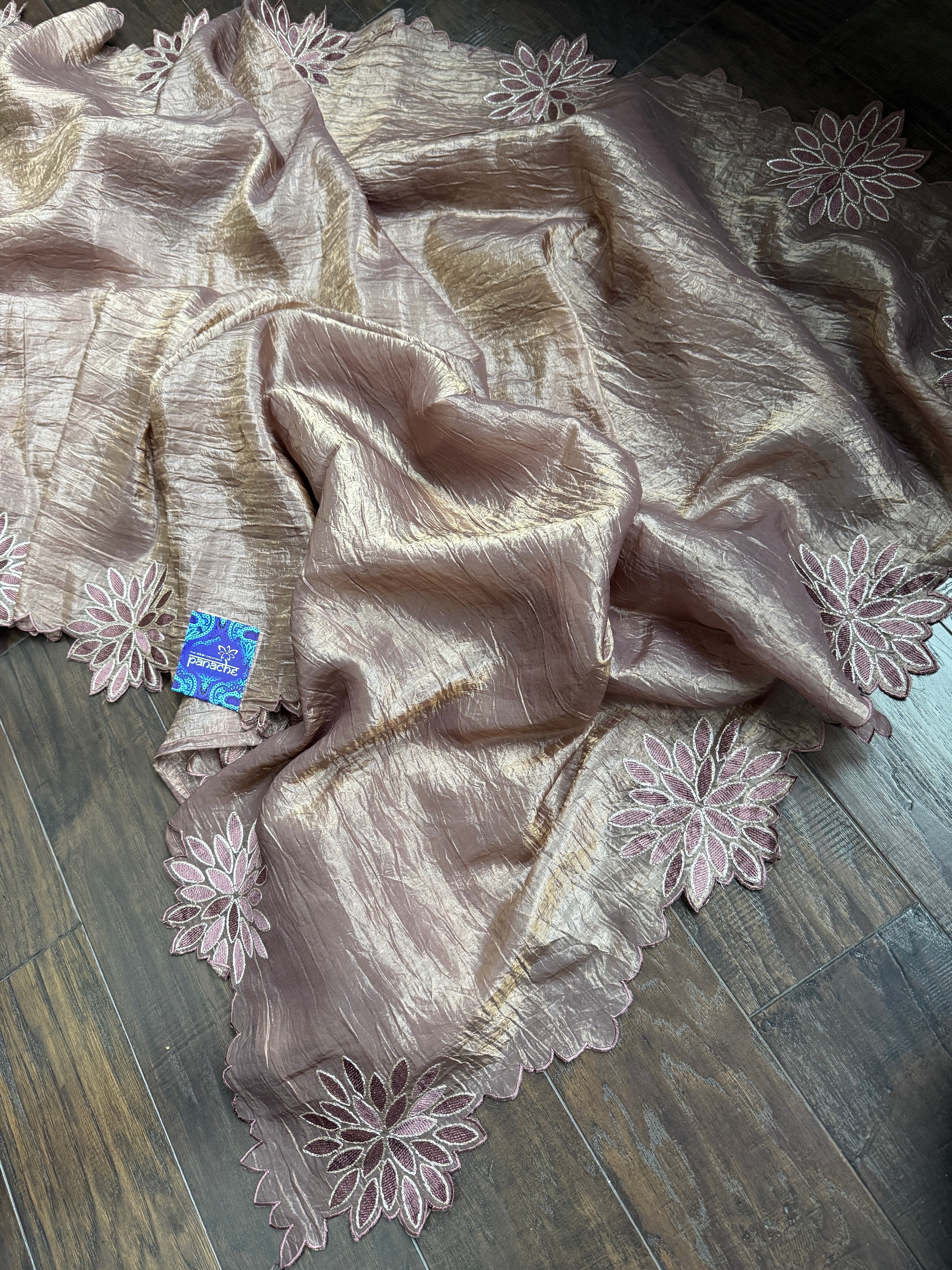 Designer Crushed Tissue Silk - Bronze Brown Appliqué Embroidered