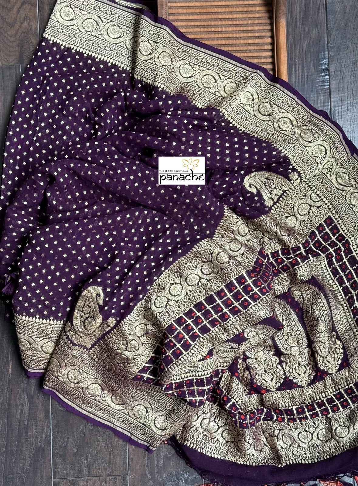 Khaddi Georgette Banarasi - Eggplant color Bandhej