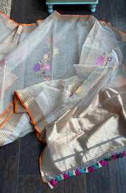 Handwoven Pure Tissue Net Organza Silk Saree with Zari Border & Multicolor Floral Motifs – Lightweight Festive Wear | Ships from USA