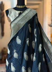 Pure Katan Silk Banarasi - Black Zari Paiesley