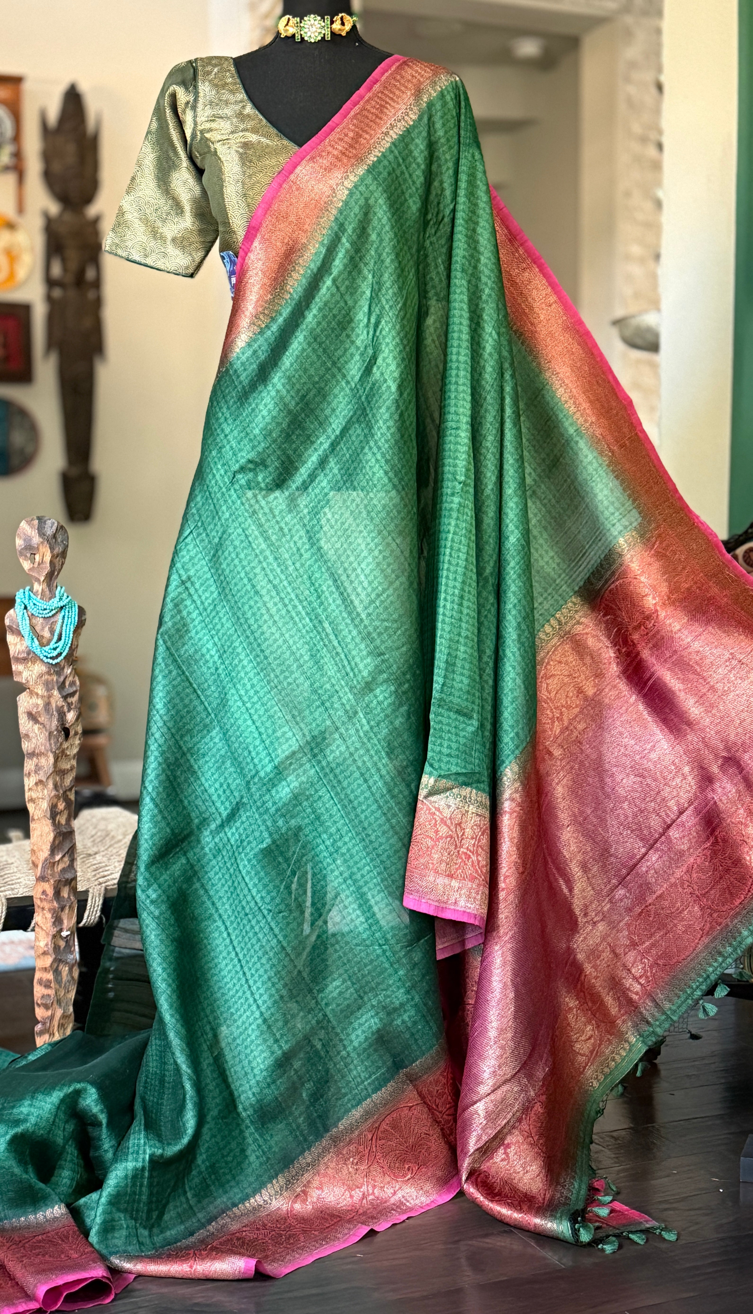 Pure Tussar Silk Banarasi - Green Pink