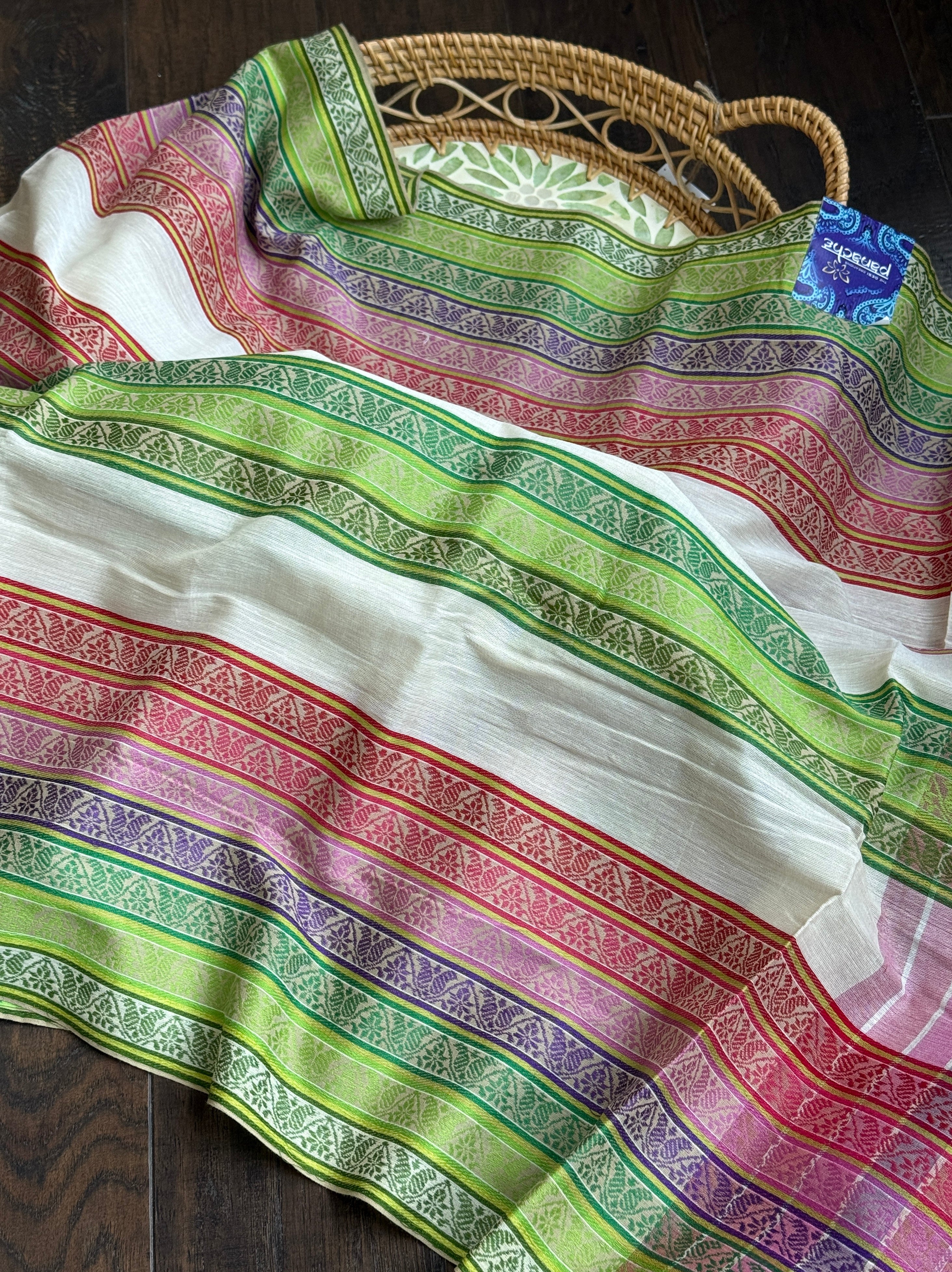 Pure Khadi Cotton - Off White Green Multicolor Striped Woven