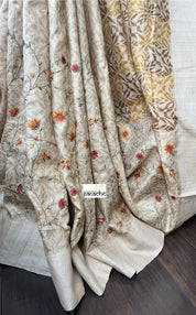 Pure Tussar Silk - Embroidered Printed Half Half