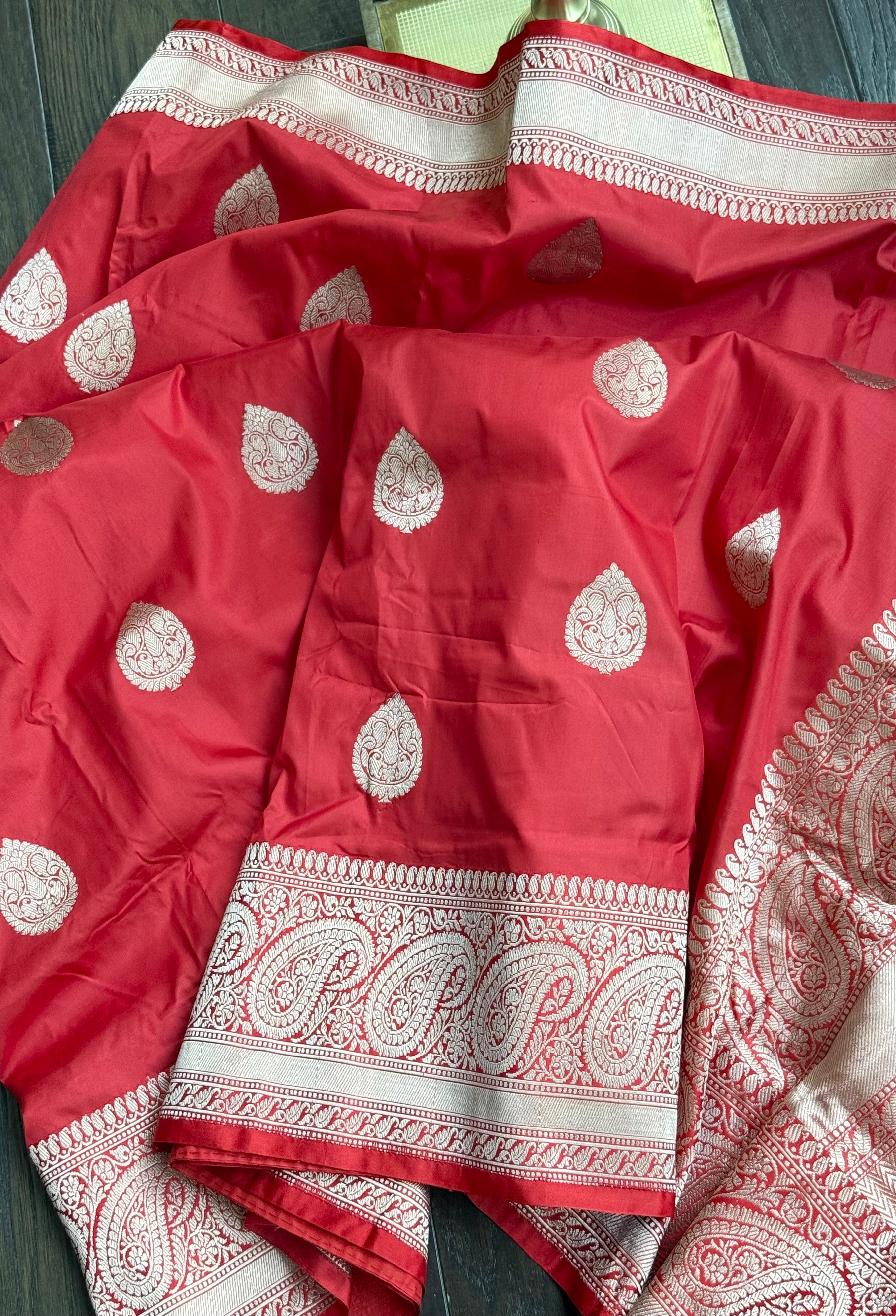Katan Silk Banarasi -  Red Kadwa