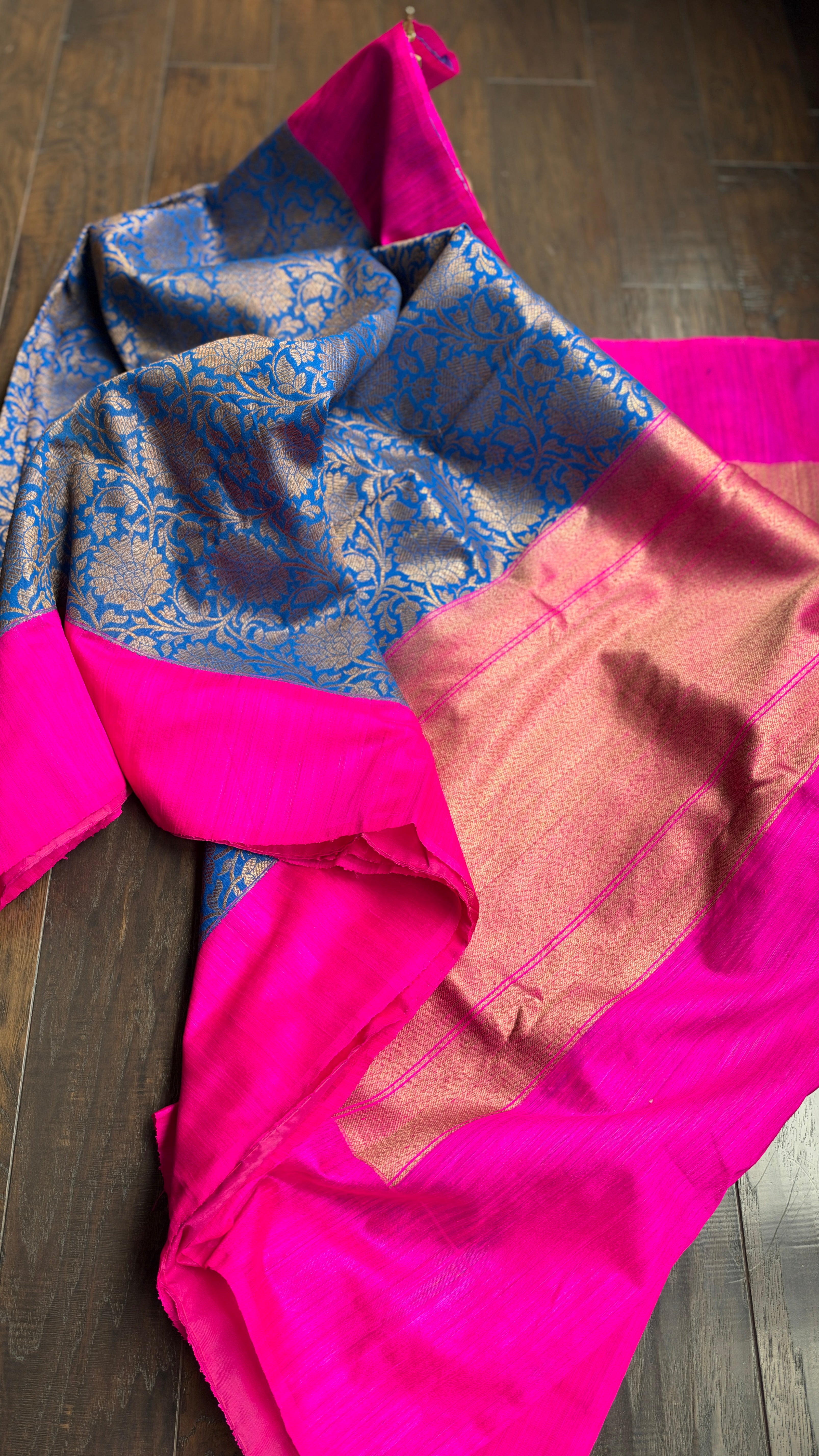 Raw Silk Banarasi - Blue Hot Pink Jaal Weave