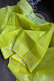 Dhakai Jamdani  - Lime Green Silver Zari  Woven