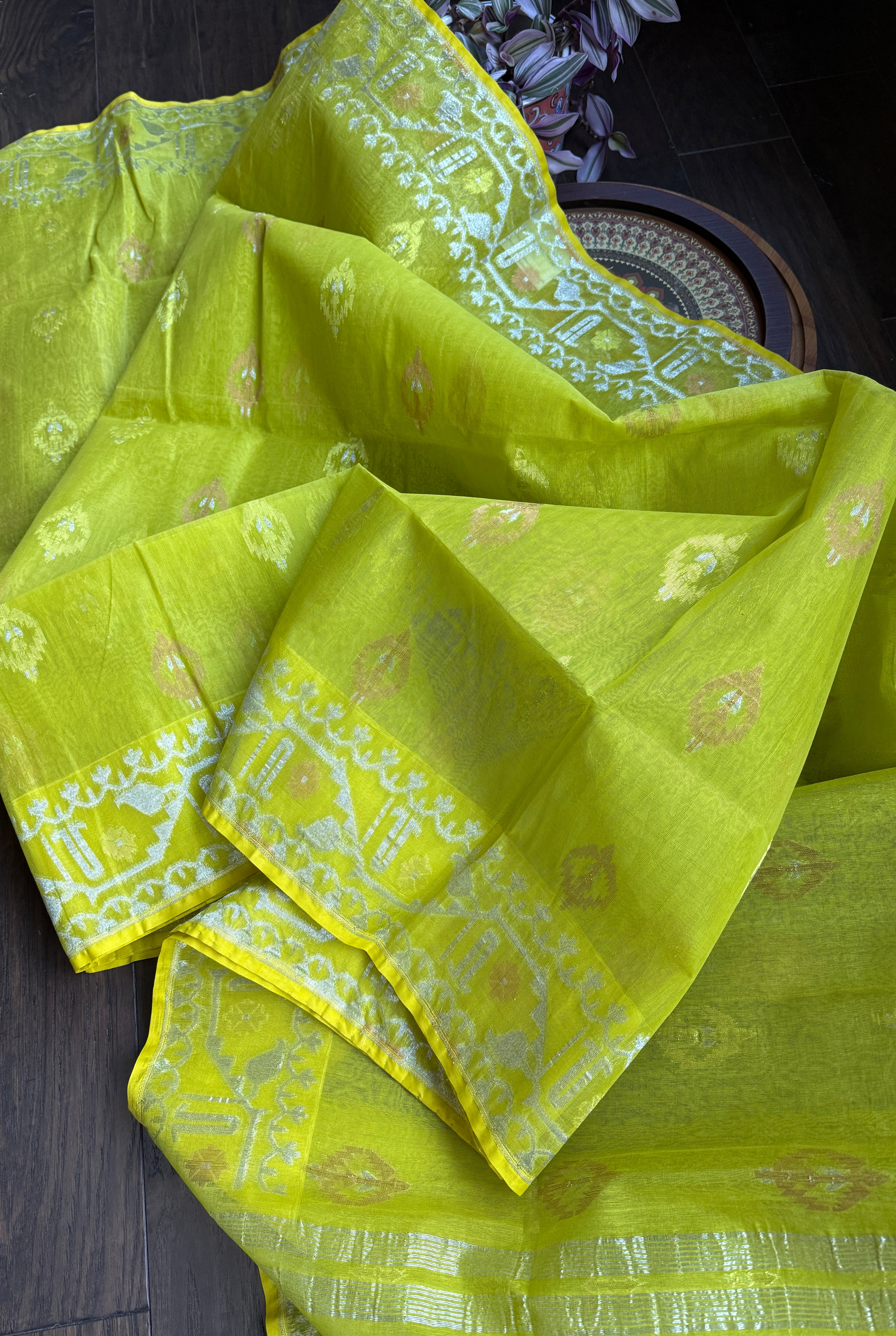 Dhakai Jamdani  - Lime Green Silver Zari  Woven