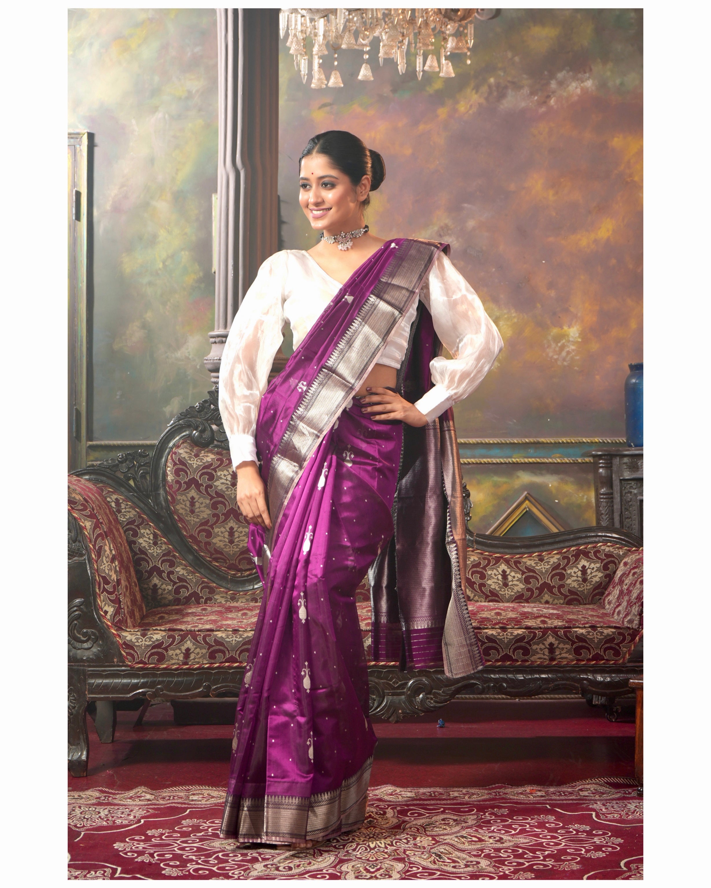 Pure Chanderi Pattu Silk Eknaliya - Wine Silver