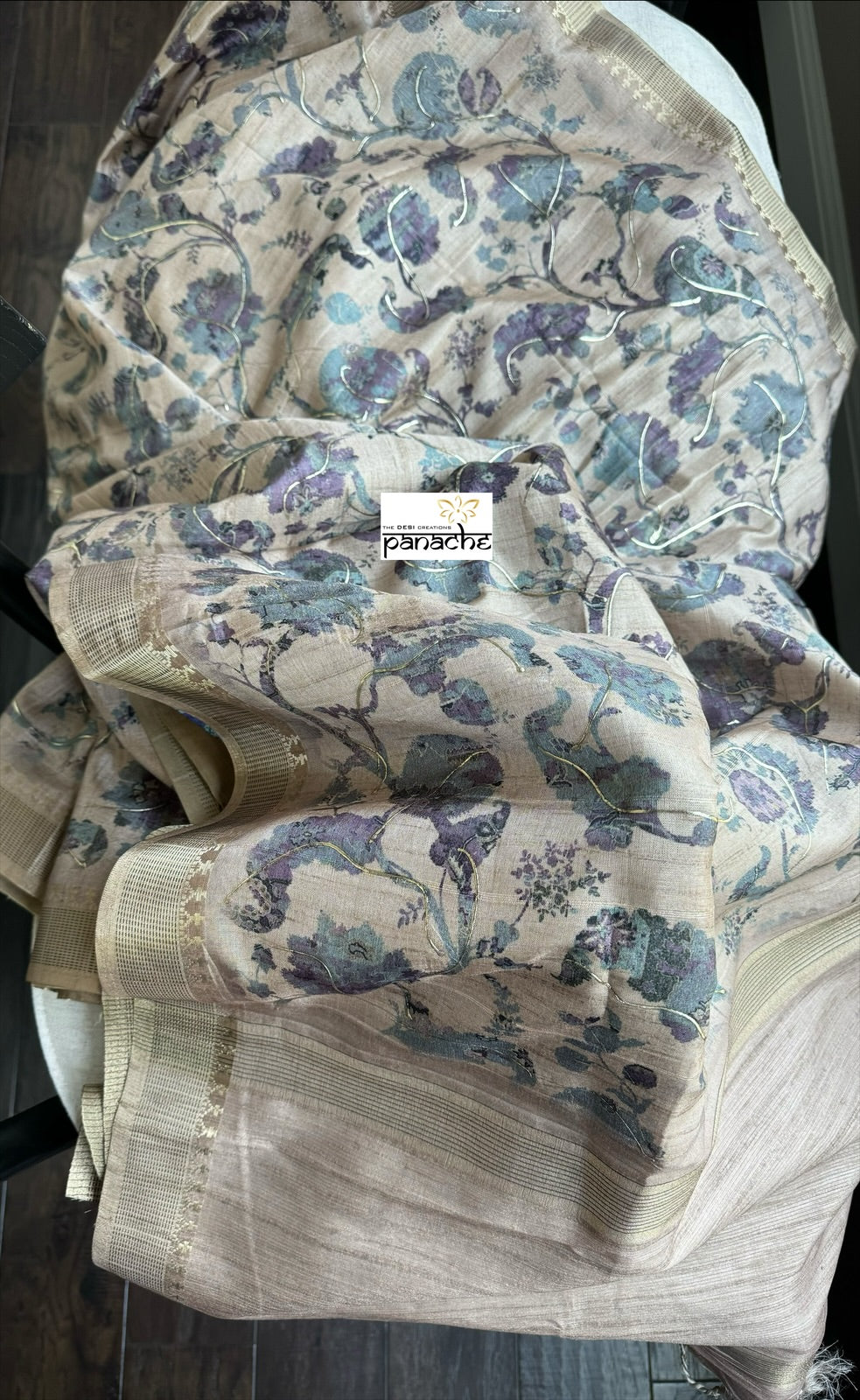 Designer Tussar Floral - Light Grey Tan