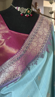 Pure Silk Katan Banarasi- Light Blue Kadhua Antique Silver Zari