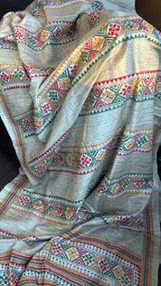 Pure Tussar Silk Kantha Stitch - Beige Multi color