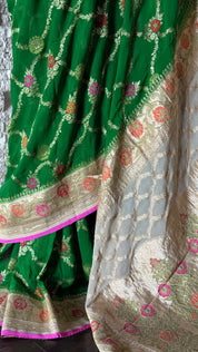 Khaddi Georgette Paithani Banarasi - Green Cream Meenakari