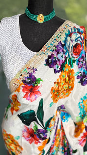 Designer Crepe Satin - White Multi Color