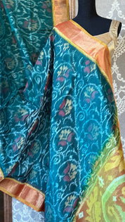 Pure Cotton Silk Ikat - Teal Green Orange