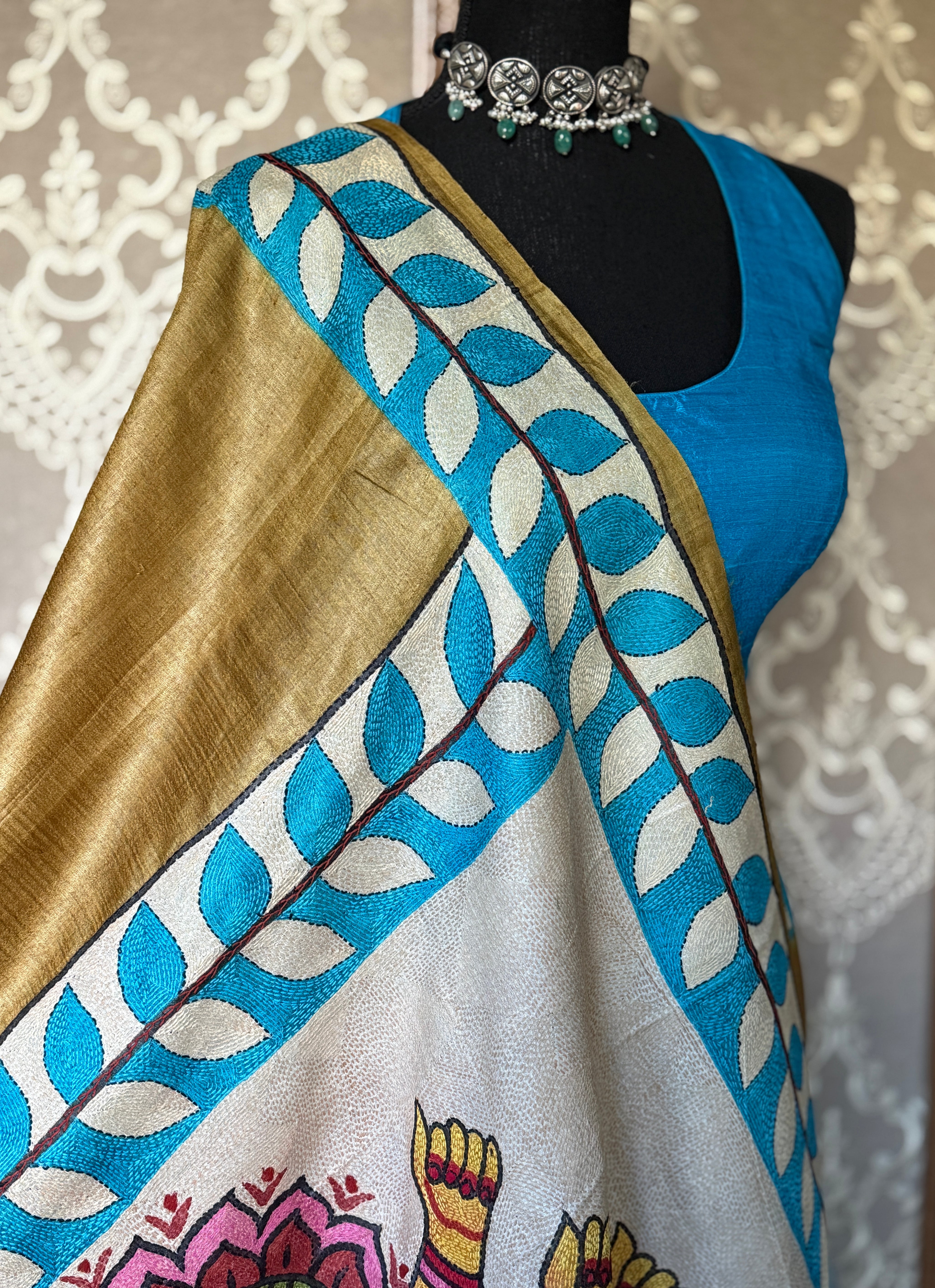 Pure Tussar Silk Sujni Kantha Stitch -  Moss Brown Ma Durga