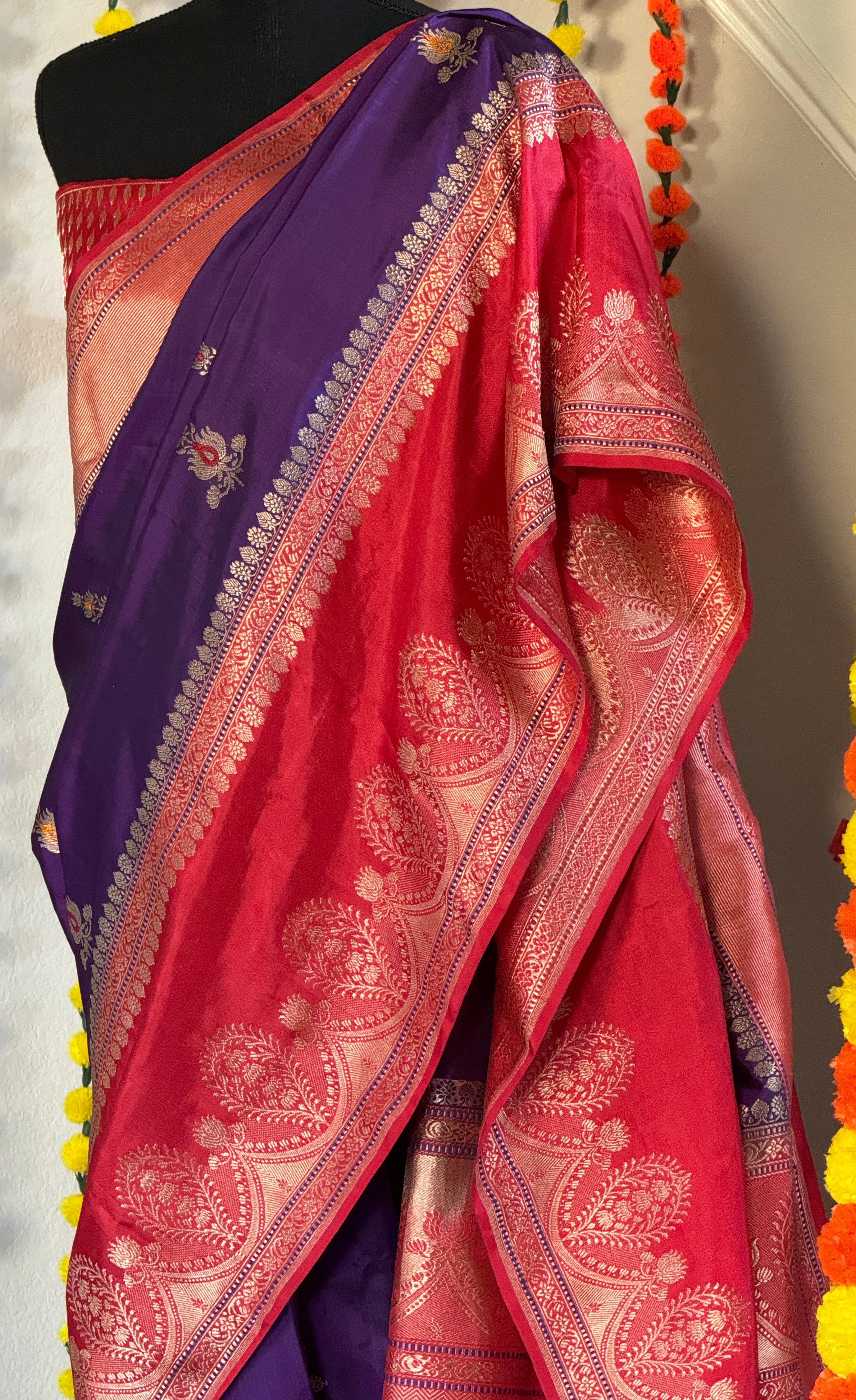 Pure Silk Katan Banarasi- Ourple Red Blue Kadhua