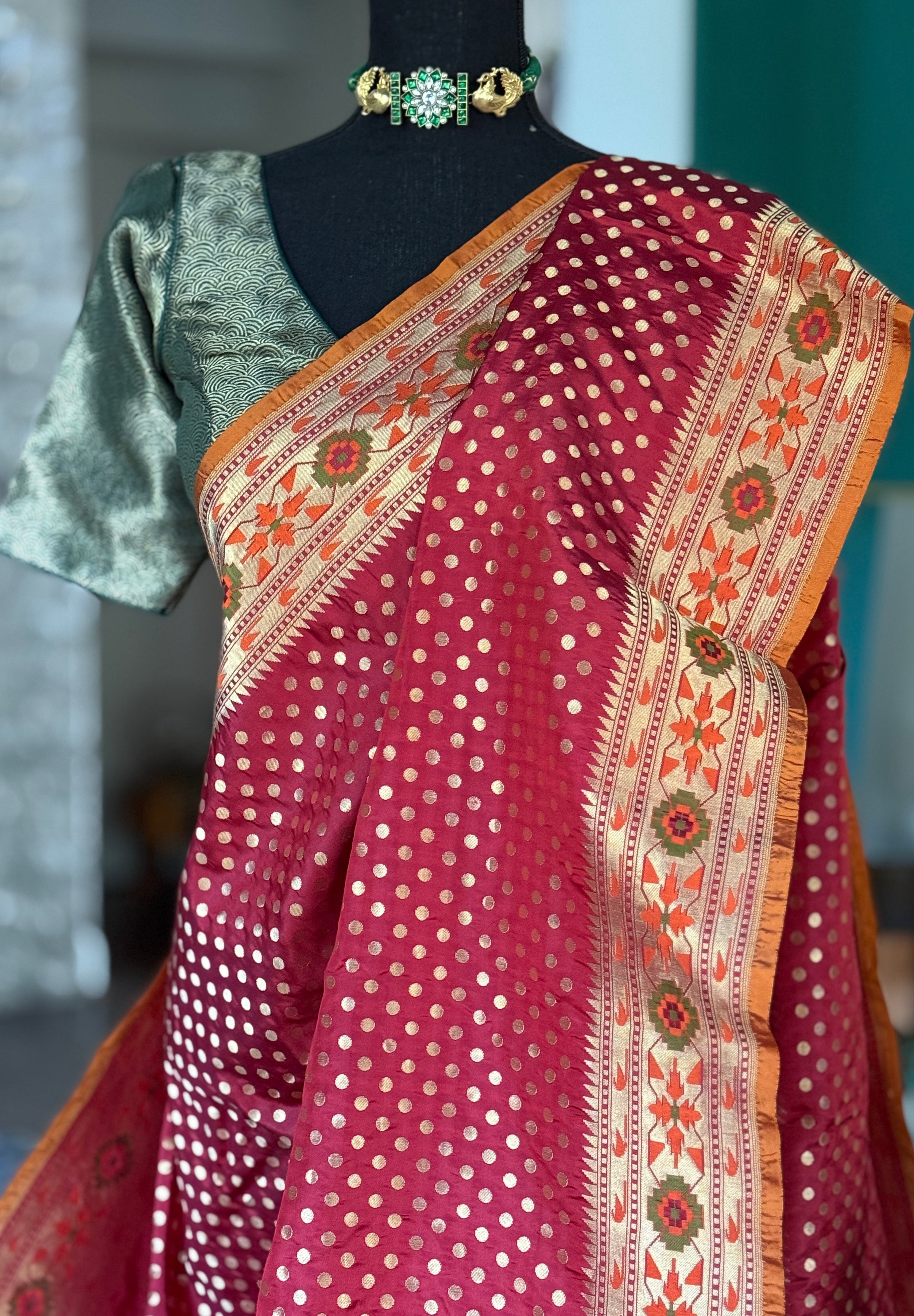 Silk Banarasi - Red Rusty Orange Paithani border