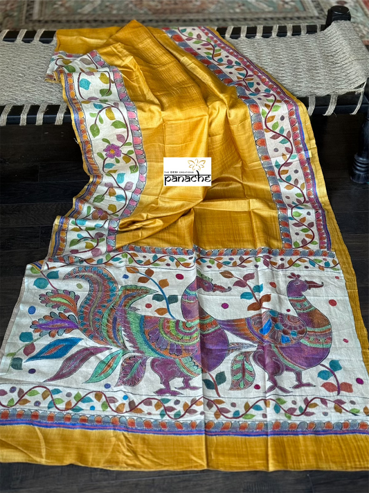 Pure Tussar Silk Sujni Kantha Stitch -  Yellow Peacock