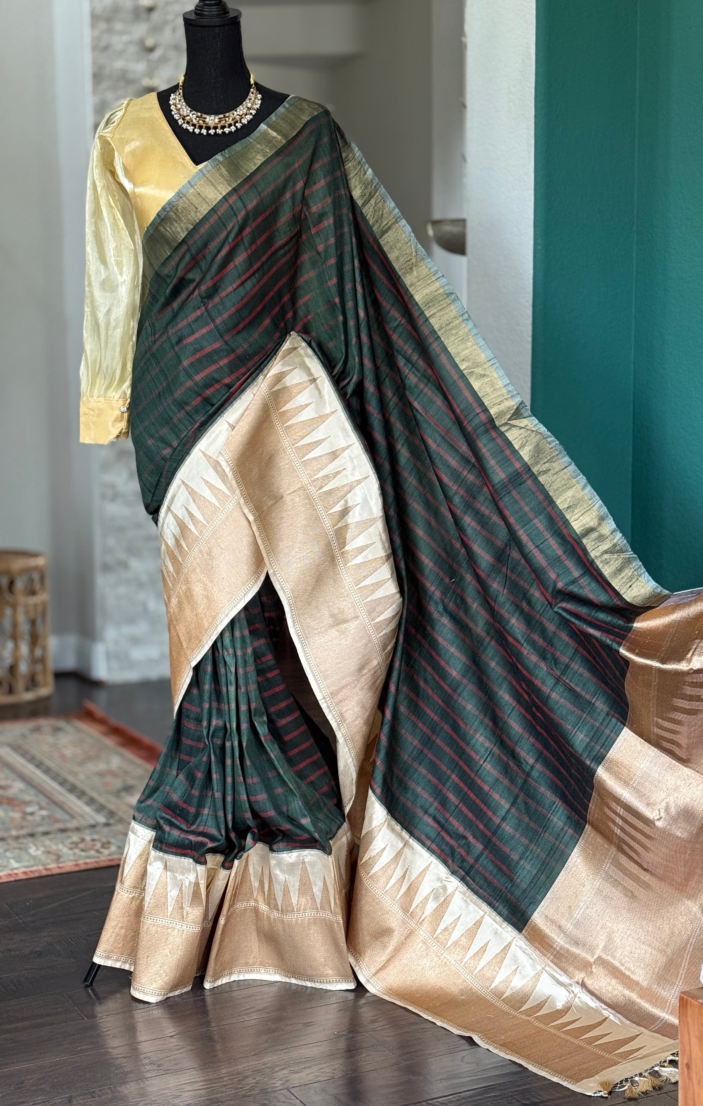 Pure Tassur Silk Banarasi - Dark Black Avocado Green Striped