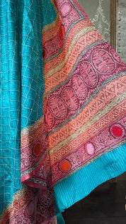 Kantha Stitch Printed Tussar Silk - Firozi Blue