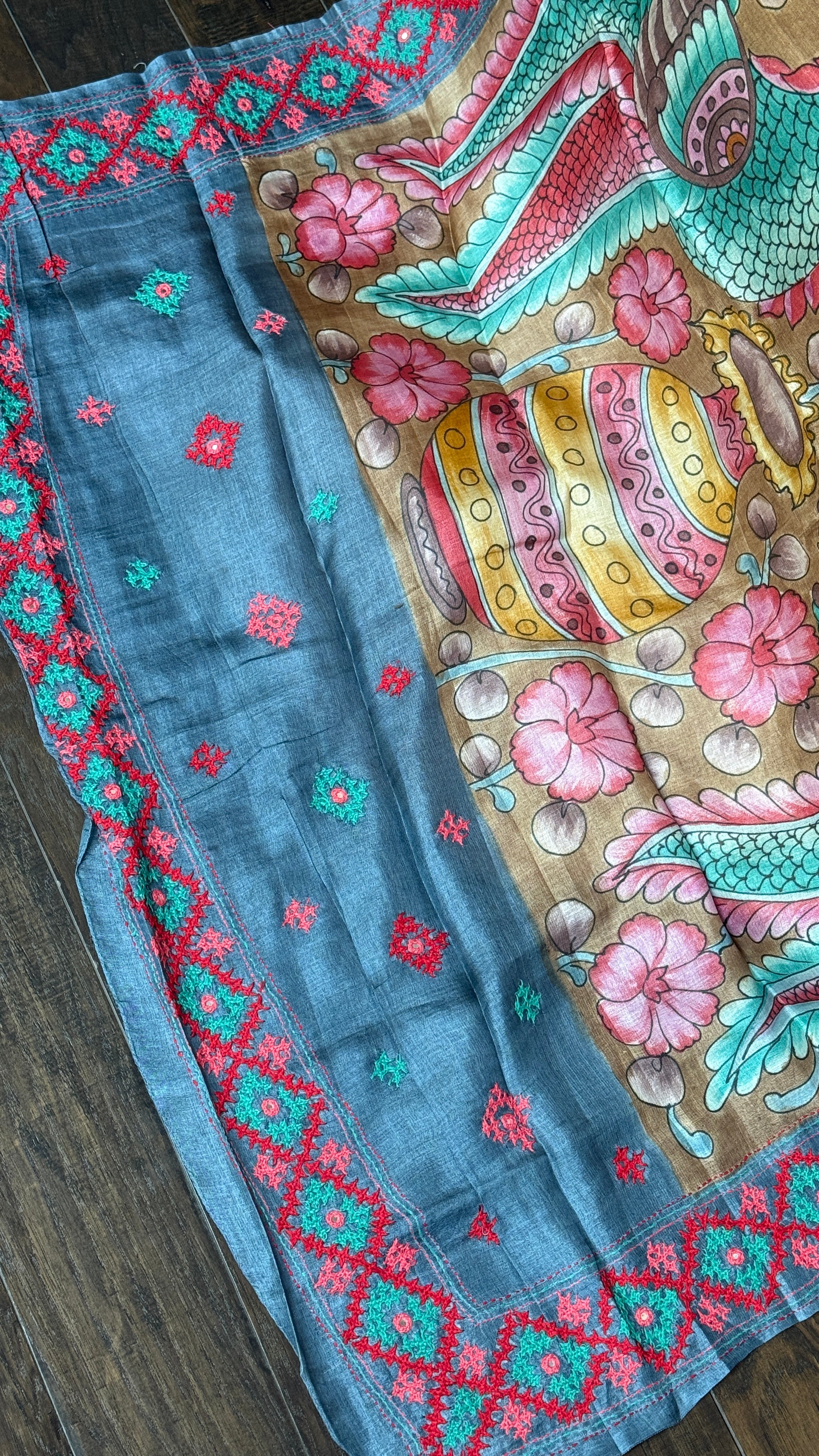Tussar Silk Pen Kalamkari - Brown Hand Kutch Embroidered